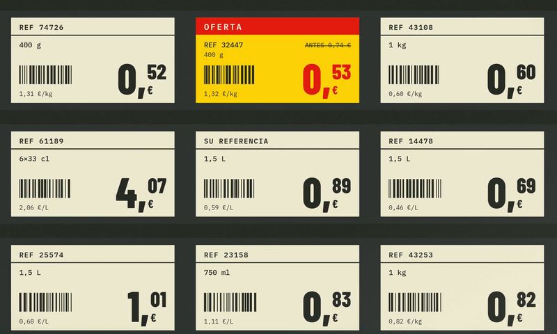Fotograma de «El lineal habla»: etiquetas de precio de un lineal, con una referencia en oferta.