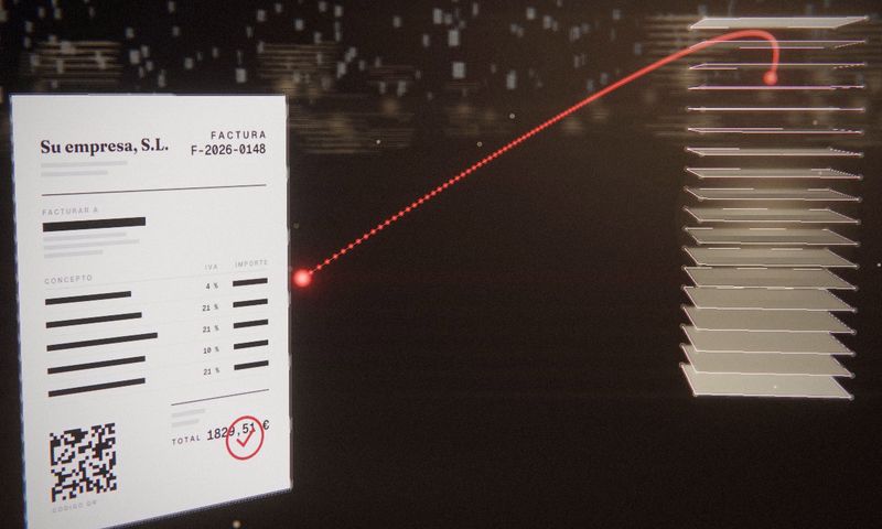 Fotograma de «Los dos extremos»: una factura con su código QR, unida por un hilo rojo a la pila de facturas del otro extremo.